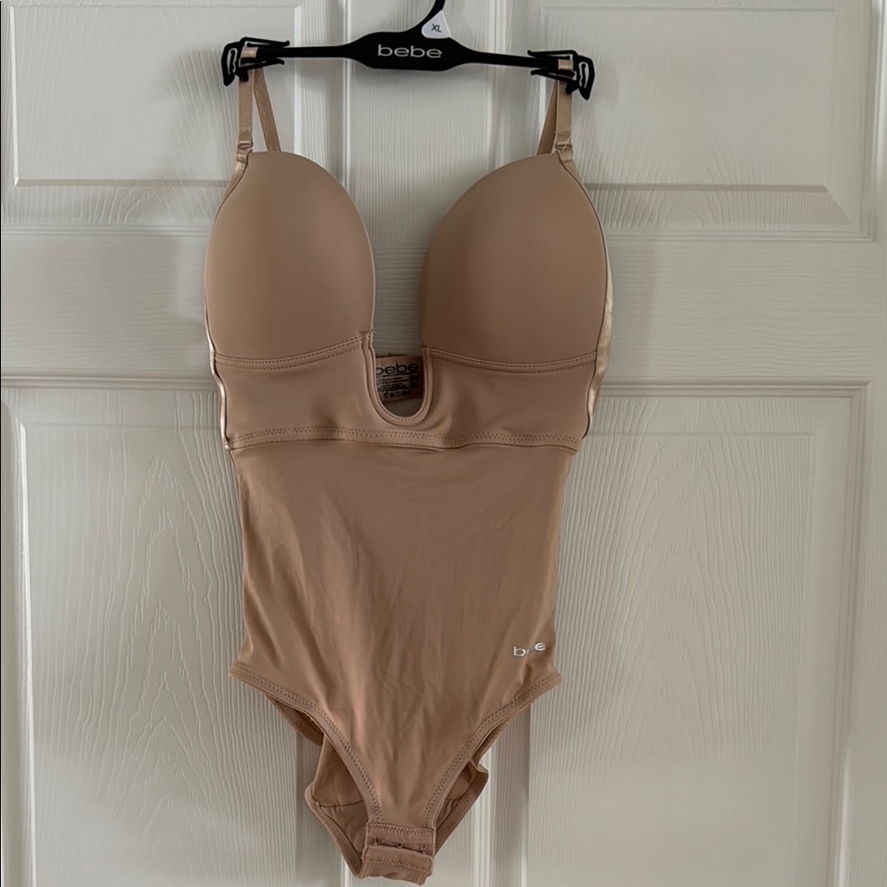 Bebe Tan Shapewear Bodysuit with Plunging Neckline